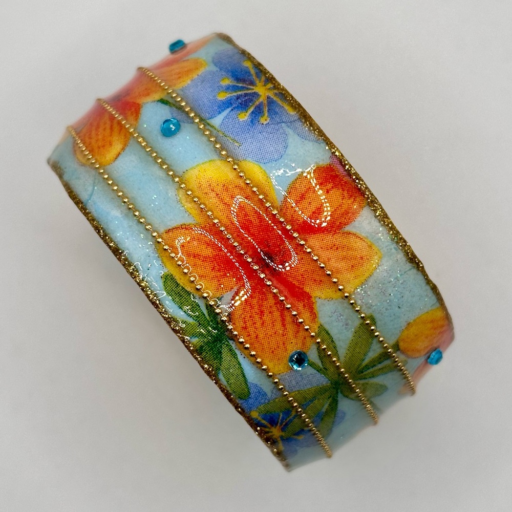 Floral Iris Design Bangle Bracelet Handmade in Israel Bright Blue Orange Sparkle